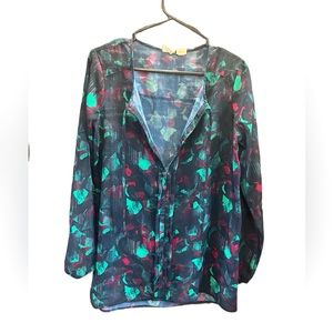 Long sleeved blue, green and mauve multicolored sheer blouse by Mudd.